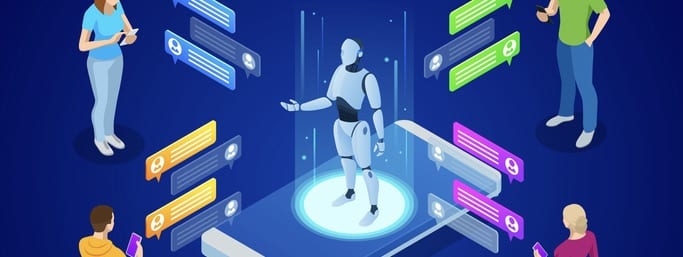 Ai And Business Iot Concept. Men And Women Chatting With Chatbot Application.