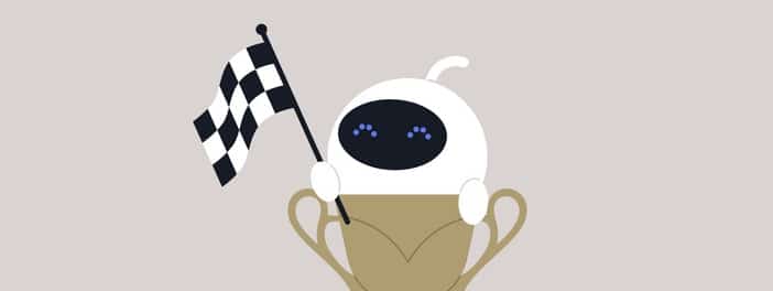 Cute white robot with a checkered black and white flag greeting a competition winner