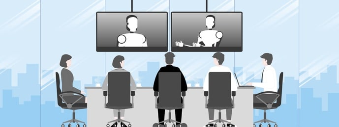 People sit and listen to the robot artificial intelligence talking by internet from video conference in office