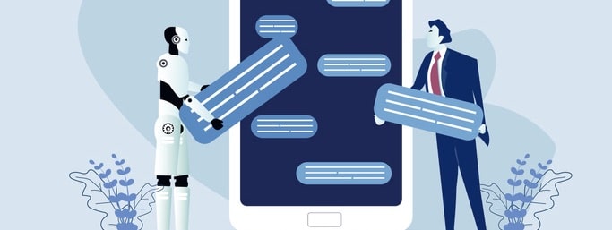 Businessman chatting with chat bot on smartphone.