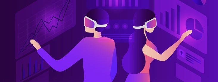 Business people wearing virtual reality goggle glass,