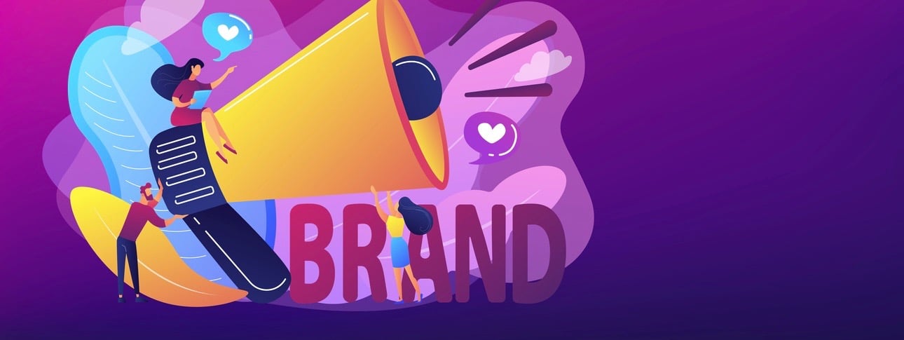 Marketers with megaphone conducting brand awareness campaign.