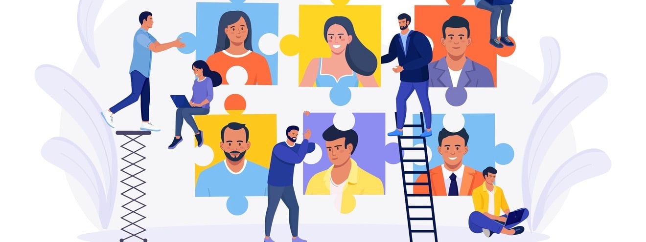 Tiny People Connecting Puzzle Pieces, Build Team, Hiring Employees.