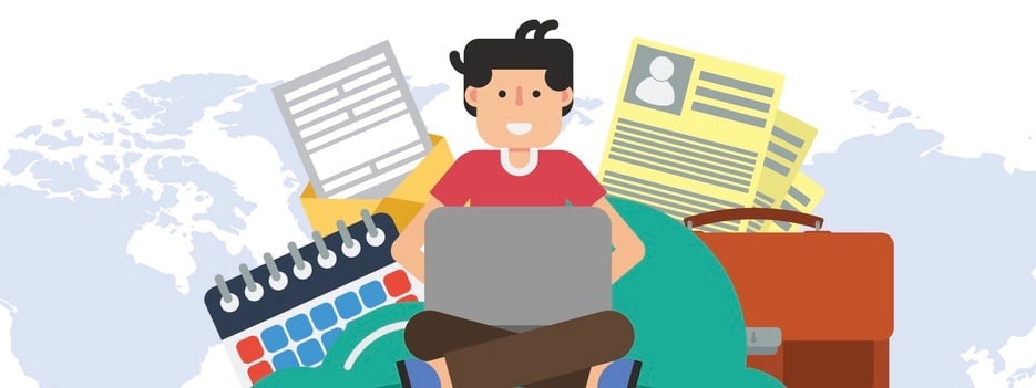 User sitting on online cloud connected with server, computer and laptop