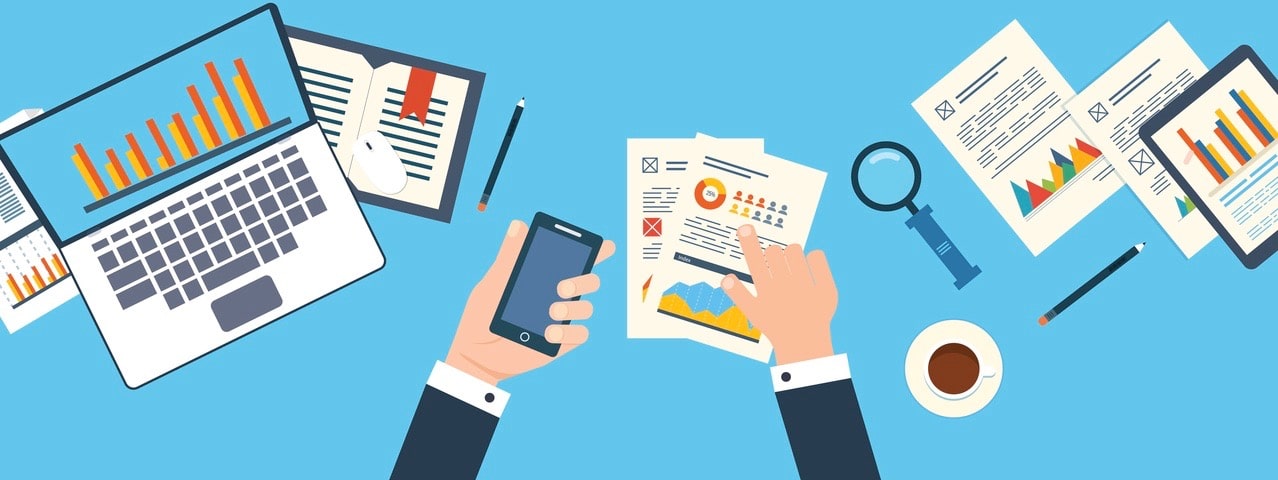 Flat design modern vector illustration concept of analyzing project, financial report and strategy, financial analytics, market research, teamwork and planning documents