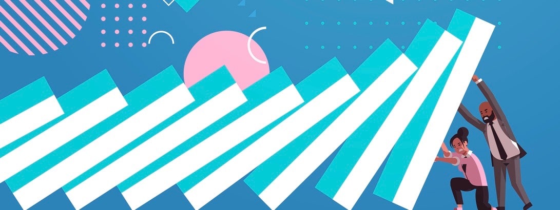 businesspeople couple trying to stop falling domino effect crisis management chain reaction finance intervention conflict prevention concept horizontal full length copy space businesspeople couple trying to stop falling domino effect crisis management