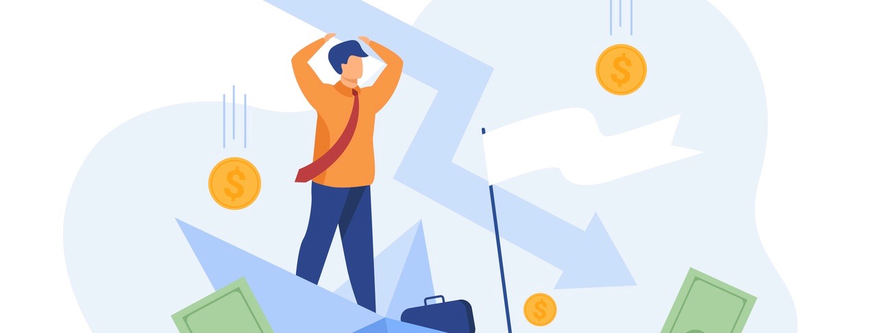 Cartoon man holding arrow falling down