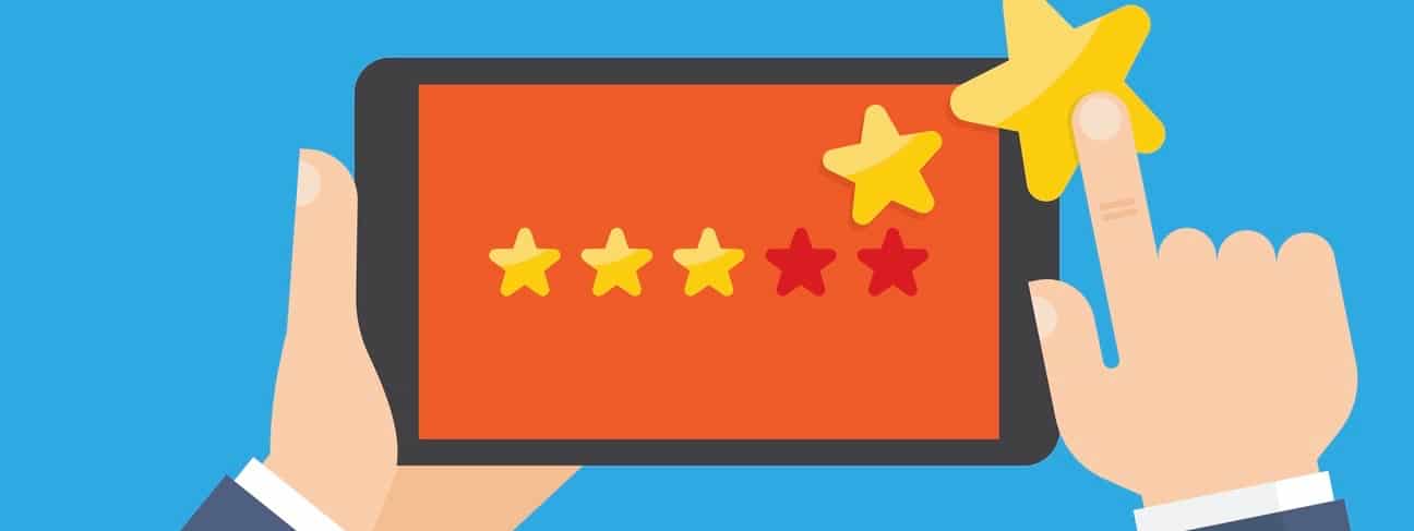 Customer reviews, rating, classification concept. Hand pointing to a tablet with five star on the screen. Customer reviews, rating, classification concept Vector Illustration