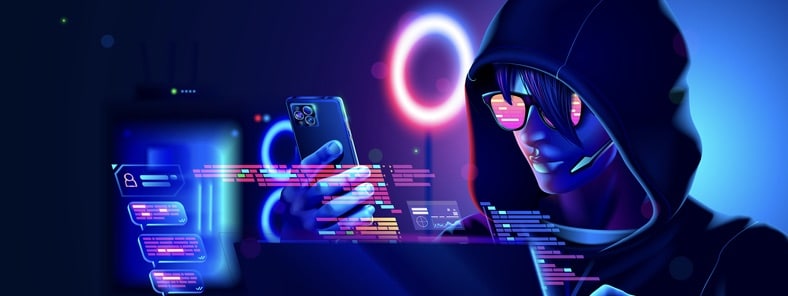 Hacker Or Phone Scammer In Hood Hacking At Computer And Mobile Smartphone In Dark Room.