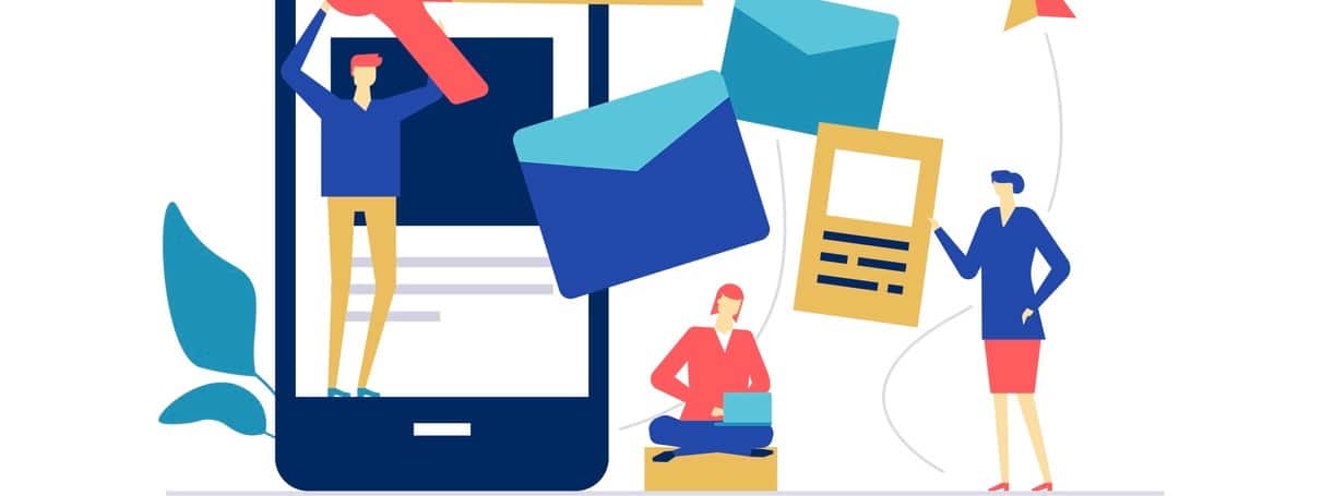 Digital marketing – flat design style colorful illustration Digital marketing with male, female colleagues, business team, megaphone, smartphone, emails, paper planes.