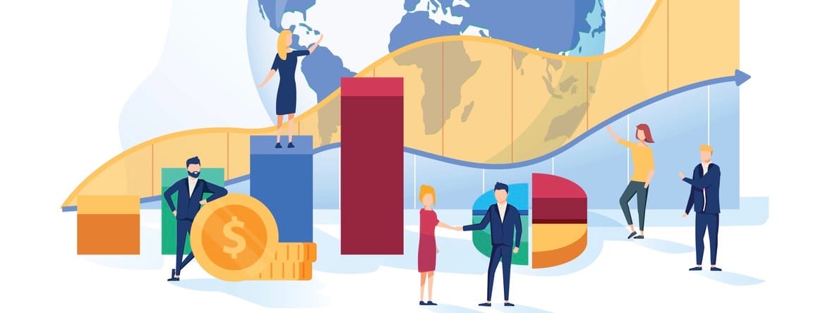 Flat mini money growth persons concept with positive and successful indicators. Global investment business value improvement. Finance and economy profit with coins.