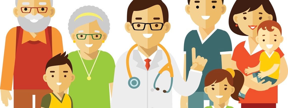 Doctor standing together with father, mother, children and grandparents in flat style isolated on white background