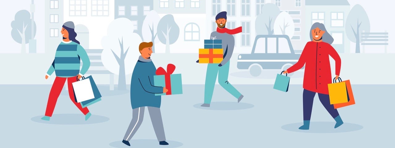 Happy Characters Shopping on Winter Holidays. People with Christmas Gifts on City Street.