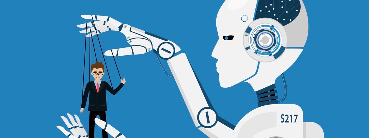 AI robot controlling puppet business human.