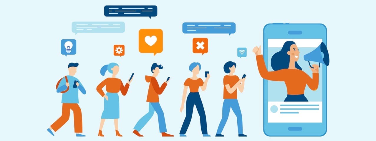 Vector illustration in flat simple style with characters - influencer marketing concept.