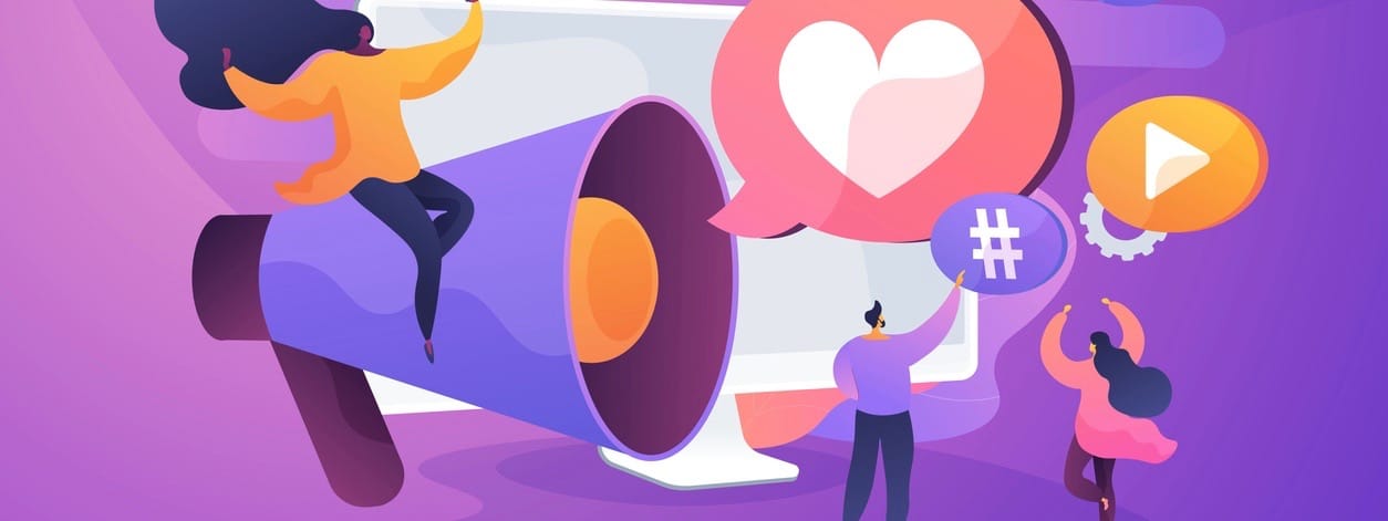 SMM management, notification flat vector illustration. Internet lifestyle, modern communication technology, followers engaging concept. Social media influencers with loudspeaker cartoon characters (SMM management, notification flat vector illustration