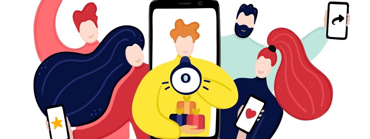 Group of people are holding smartphones in their hands and listening to man looking from giant smartphone.