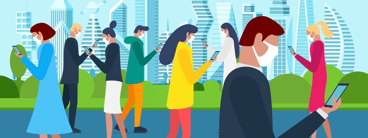 Crowd people walking in white medical protective face mask on city park and using smartphones.