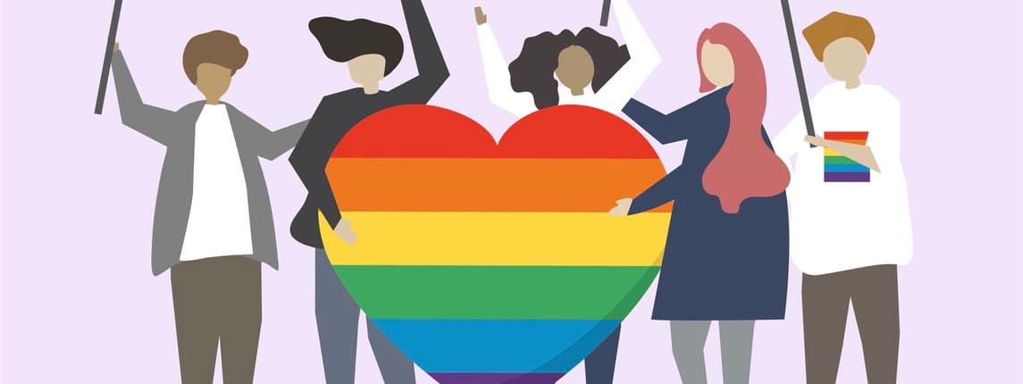 People with LGBTQ rainbow flags illustration