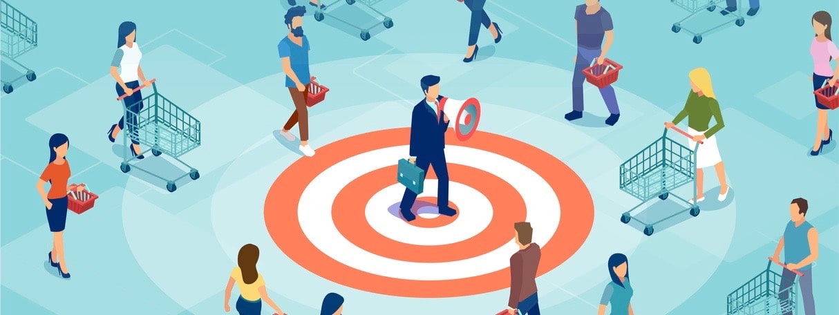 businessman making an announcement in megaphone to a targeted audience attracting new shoppers