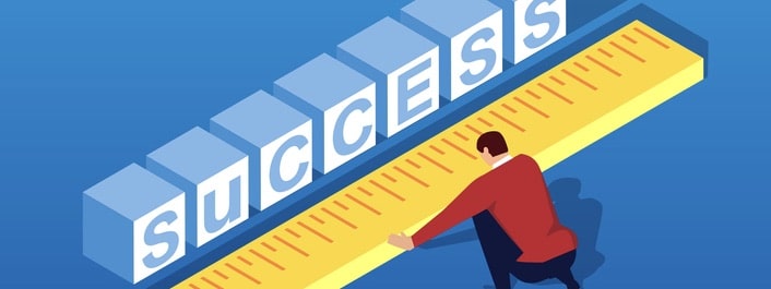 Businessman measuring the distance to success