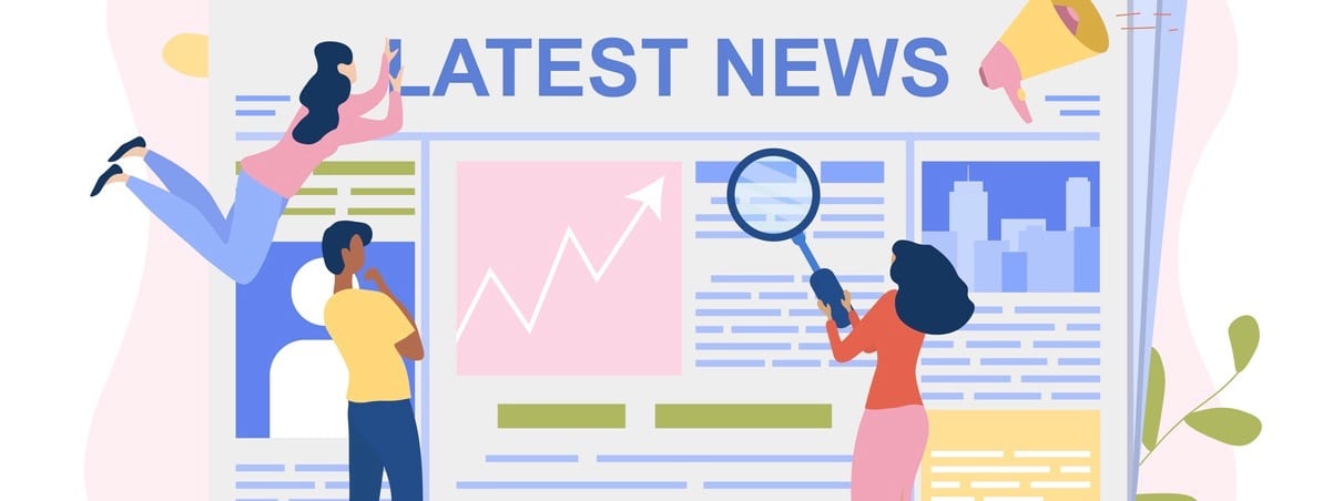 Young men and women read newspaper with magnifier.