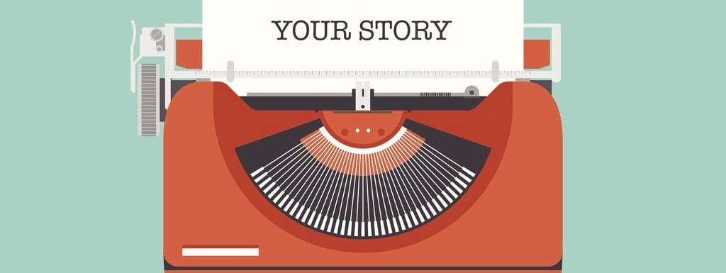 manual vintage stylish typewriter with share your story text on a paper list.