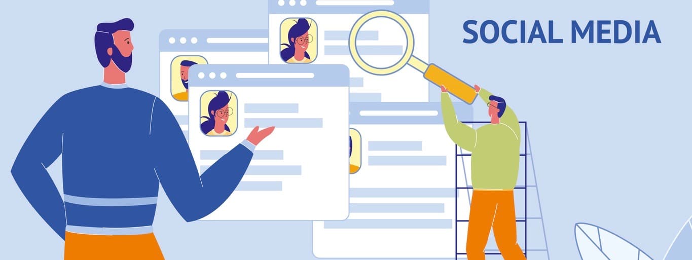 Man on Ladder with Magnifier Looking at Browser Tabs.