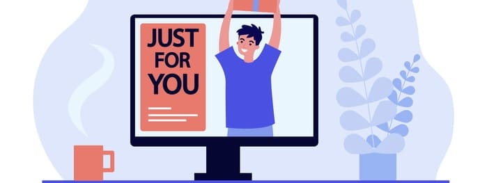 Computer Screen With Just For You Banner And Happy Man With Gift