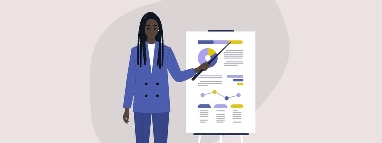 Young black female character wearing a blue smart casual costume, a business meeting, a research presentation