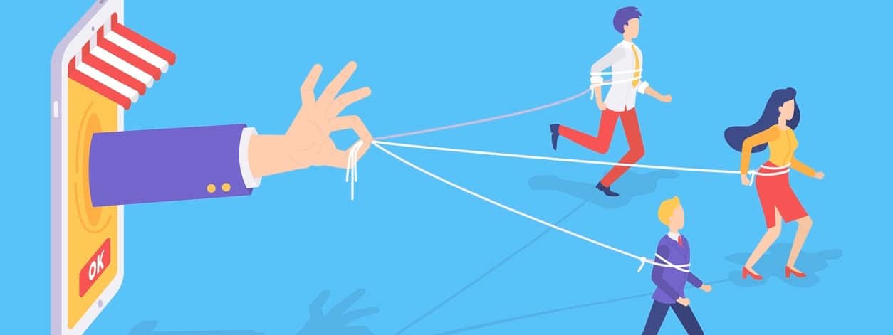 Hand of businessman holding people on thread, man and woman running. Customer retention (Effective strategies to improve customers loyalty vector.