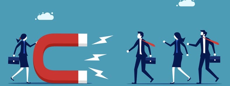 Stimulate attention. A business woman attracts people with a magnet. business concept vector A business woman attracts people with a magnet.