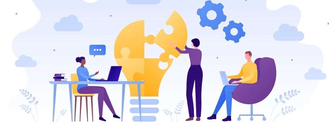 Business teamwork success concept. Vector flat people illustration. Male and female sitting with laptop and woman placing piece of puzzle.