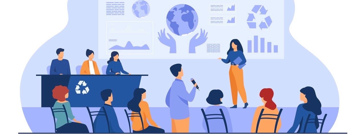 Ecological press conference member speaking on stage before audience, presenting graphs with earth.