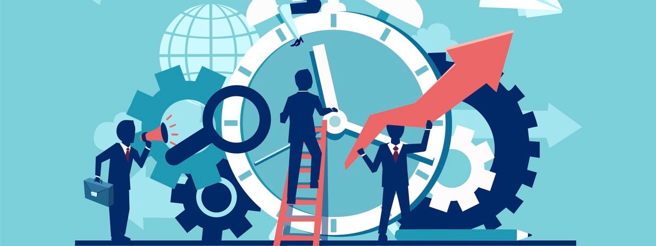 Vector of businesspeople company team working around alarm clock rings on blue background.