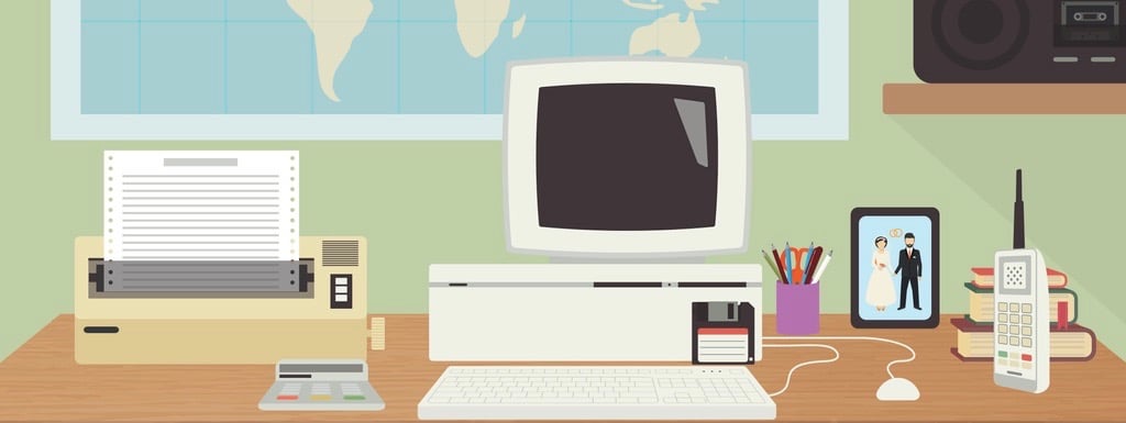 Vector illustration of two rooms with computers - nineties and present time