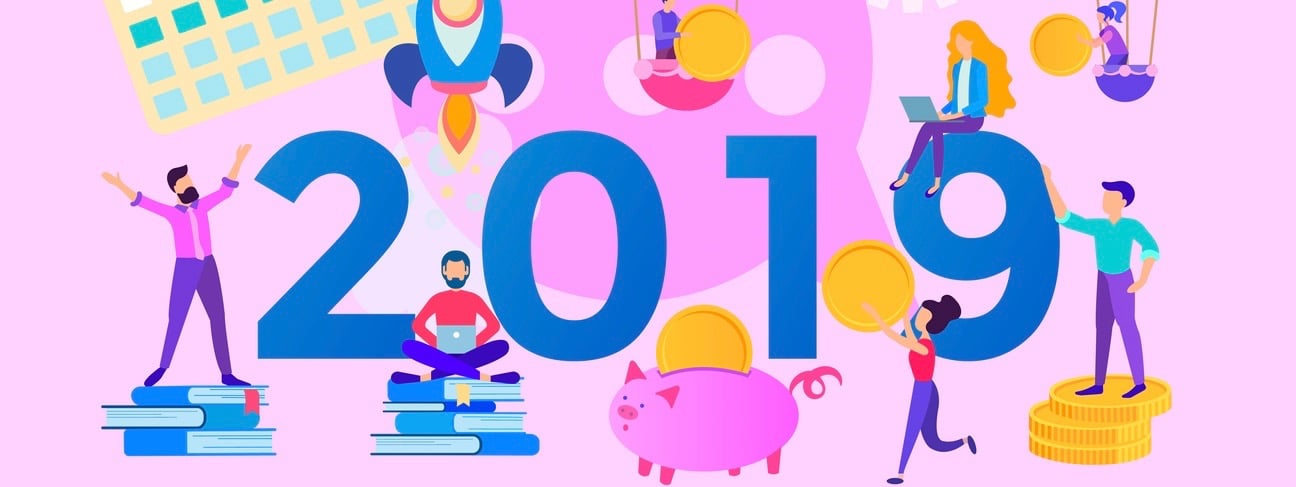 The concept of the year of opportunities 2019, office team, moving towards the goal, increasing profits and saving costs, teamwork, corporate concept. Vector illustration for web, posters and social media.