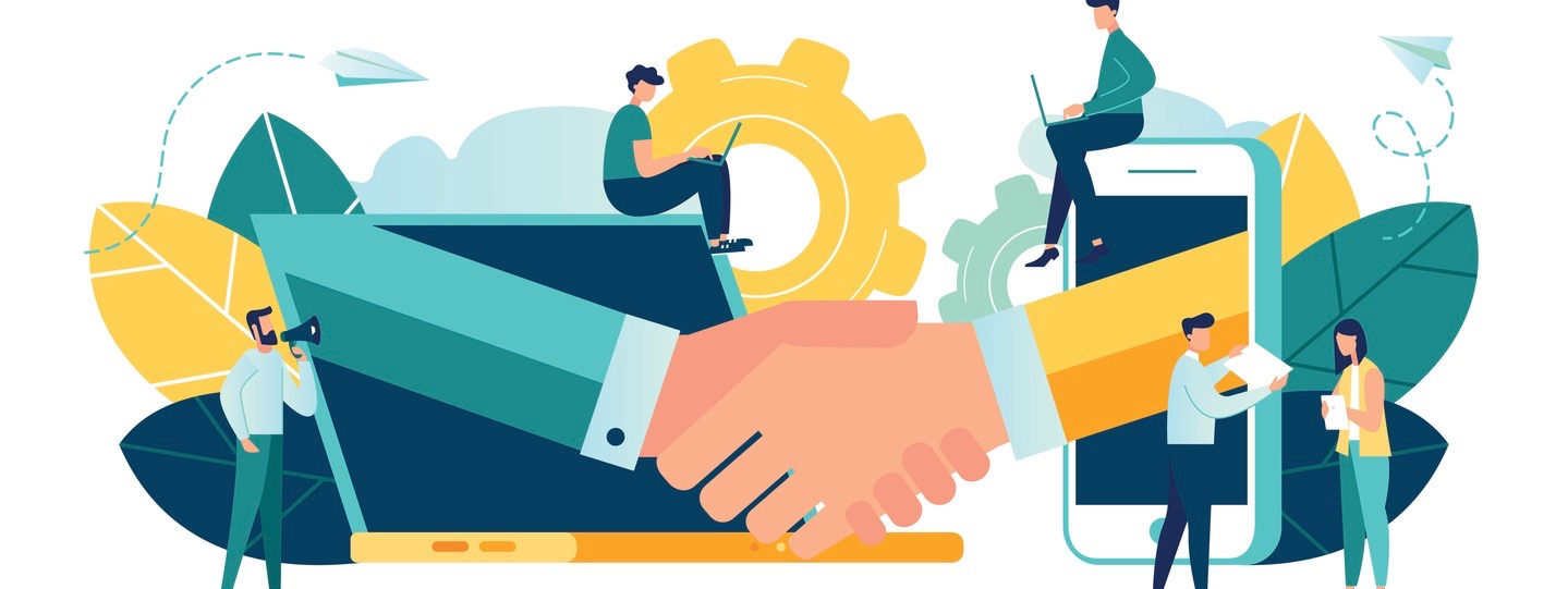 business handshake, via phone and laptop.