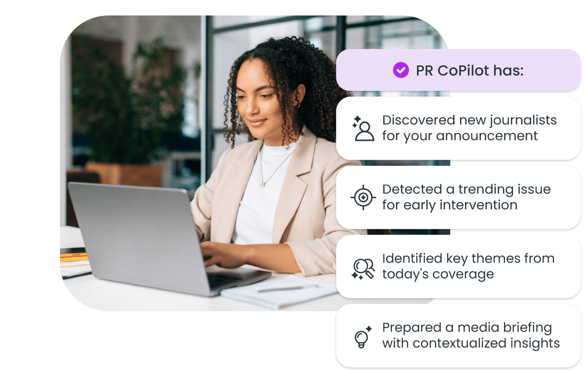 PR professional working on the Agility platform with PR CoPilot features listed, including journalist discovery, trend detection, and media insights.