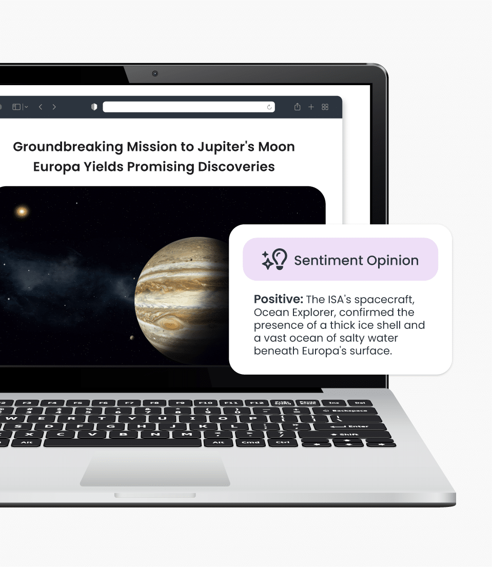 Screenshot of a news article about a mission to Jupiter&rsquo;s moon Europa, with a sentiment analysis overlay showing a positive opinion on the ISA&rsquo;s space achievements. Used to reference Agility's media monitoring solution.