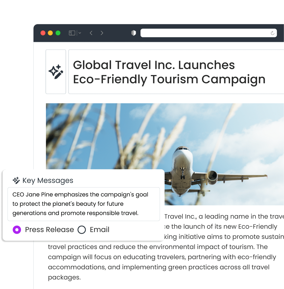 Screenshot of a press release from Global Travel Inc. announcing an eco-friendly tourism campaign, featuring a jet plane in flight and key messages about sustainable travel. Used to reference Agility's media relations solution.
